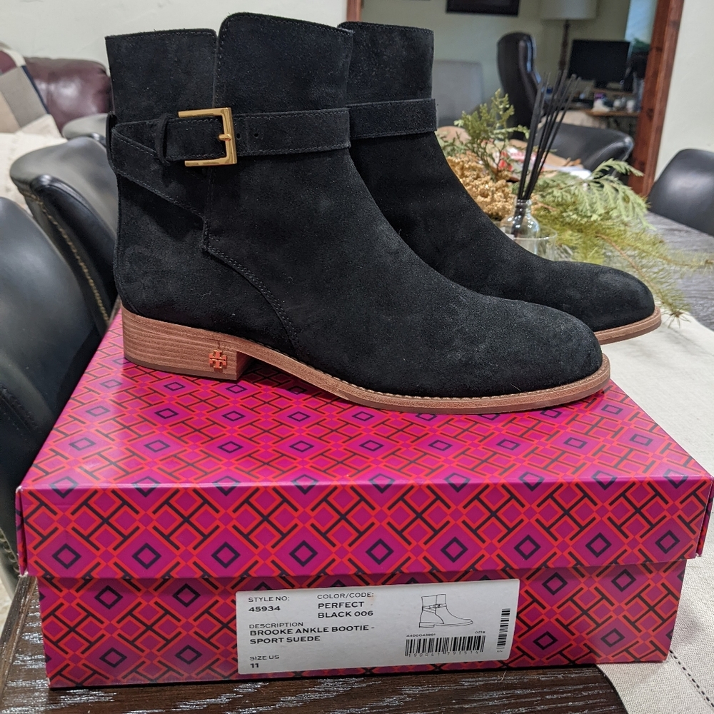 Tory Burch Brooke Black Suede Block Heel Ankle Boots Booties Shoes Low flat 11